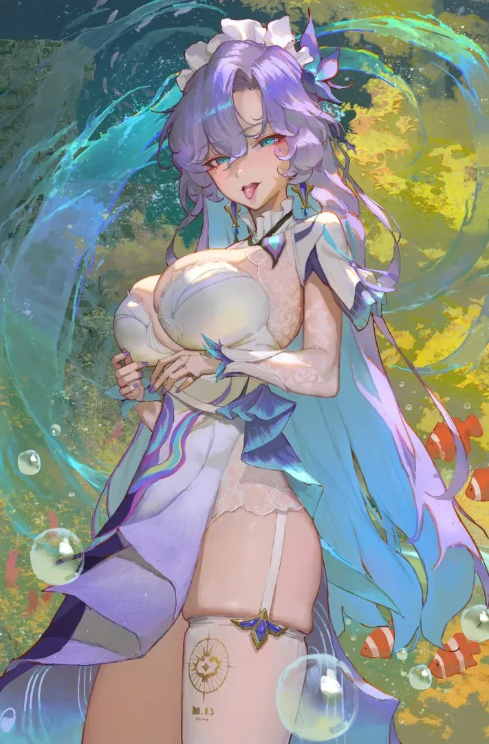 1girl blue_eyes blue_flower blue_hair breasts bubble colored_inner_hair cowboy_shot dress earrings fish flower hair_between_eyes hair_flower hair_ornament headdress jewelry large_breasts long_hair looking_at_viewer multicolored_hair open_mouth purple_hair shrug__clothing single_thighhigh skindentation smile solo tacet_mark__wuthering_waves thighhighs thighs tongue tongue_out very_long_hair white_dress white_shrug white_thighhighs sib__9obsl wuthering_waves cantarella__wuthering_waves