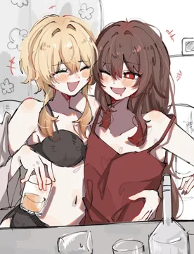 2girls arm_around_waist black_bra blonde_hair blush bottle bra bright_pupils brown_hair cup drinking_glass drunk flower_shaped_pupils laughing multiple_girls navel off_shoulder open_mouth red_eyes red_vest short_hair_with_long_locks symbol_shaped_pupils underwear upper_body vest yuri jako_gnsn genshin_impact hu_tao__genshin_impact lumine__genshin_impact