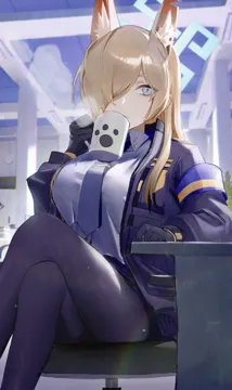 1girl animal_ear_fluff animal_ears armband black_gloves black_jacket black_pantyhose blonde_hair blue_halo blue_necktie blue_shirt chair closed_mouth collared_shirt cup dog_ears dog_girl extra_ears feet_out_of_frame gloves grey_eyes hair_over_one_eye halo holding large_breasts holding_cup jacket long_hair necktie on_chair open_clothes open_jacket pantyhose shirt sitting solo flatshi blue_archive kanna__blue_archive