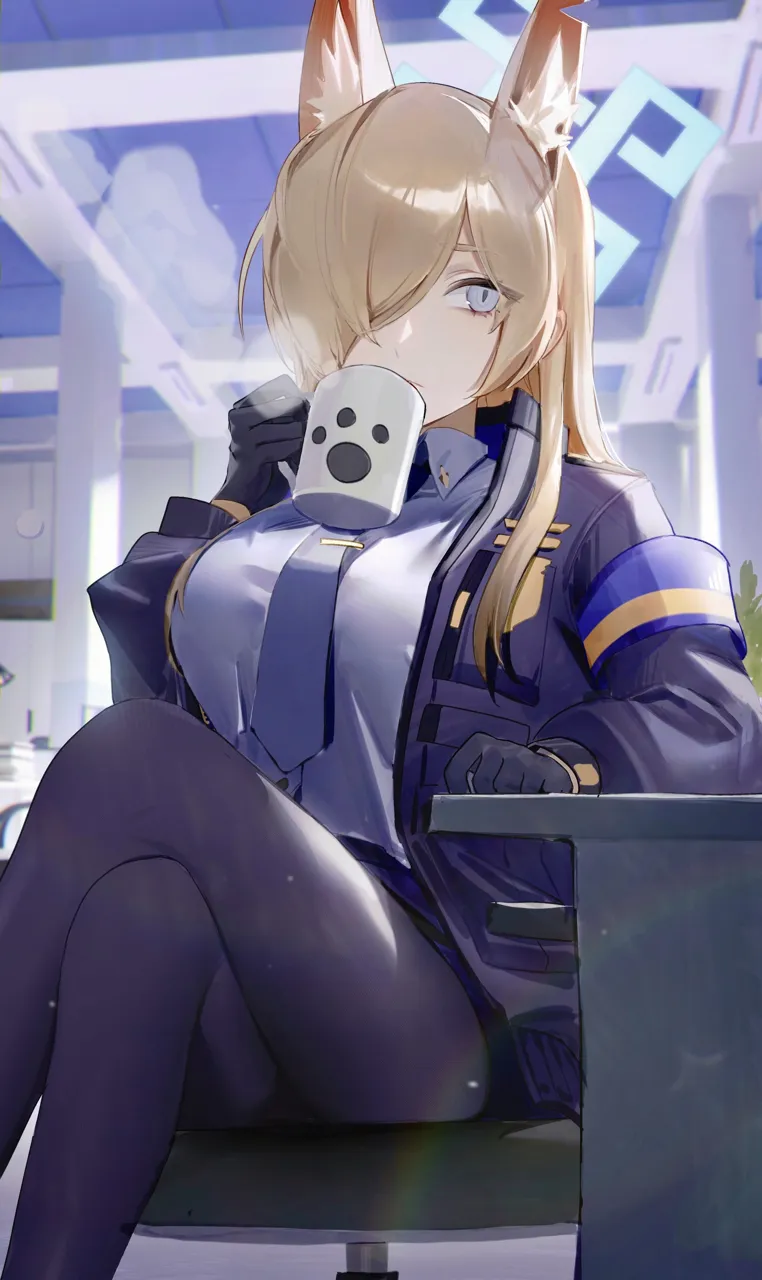 1girl animal_ear_fluff animal_ears armband black_gloves black_jacket black_pantyhose blonde_hair blue_halo blue_necktie blue_shirt chair closed_mouth collared_shirt cup dog_ears dog_girl extra_ears feet_out_of_frame gloves grey_eyes hair_over_one_eye halo holding large_breasts holding_cup jacket long_hair necktie on_chair open_clothes open_jacket pantyhose shirt sitting solo flatshi blue_archive kanna__blue_archive