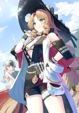 2girls animal_ears bag black_hair black_headwear blonde_hair blue_sky box bracelet breasts center_opening cleavage closed_mouth cloud drill_hair drill_sidelocks earclip ears_through_headwear fang flower folded_fan folding_fan gloves green_eyes hair_flower hair_ornament hand_fan hand_on_own_hip hand_up handbag hat holding holding_box holding_fan jewelry long_hair multiple_girls official_alternate_costume outdoors parted_bangs ponytail red_eyes sidelocks single_glove sky smile swimsuit tail thigh_strap tiger_ears tiger_girl tiger_tail very_long_hair white_bag white_flower white_gloves white_hair pi__p77777778 arknights snowsant__arknights snowsant__summer__arknights swire__arknights swire_the_elegant_wit__arknights