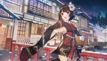 1girl animal_ear_fluff animal_ears architecture bell black_hair breasts bridge cat_ears cat_mask east_asian_architecture japanese_clothes kimono lamppost lantern large_breasts mask mask_on_head open_mouth outdoors paper_lantern red_eyes river short_hair short_kimono shouji sideboob sliding_doors smile snow snowing solo town mada__shizhou azur_lane yamashiro__azur_lane