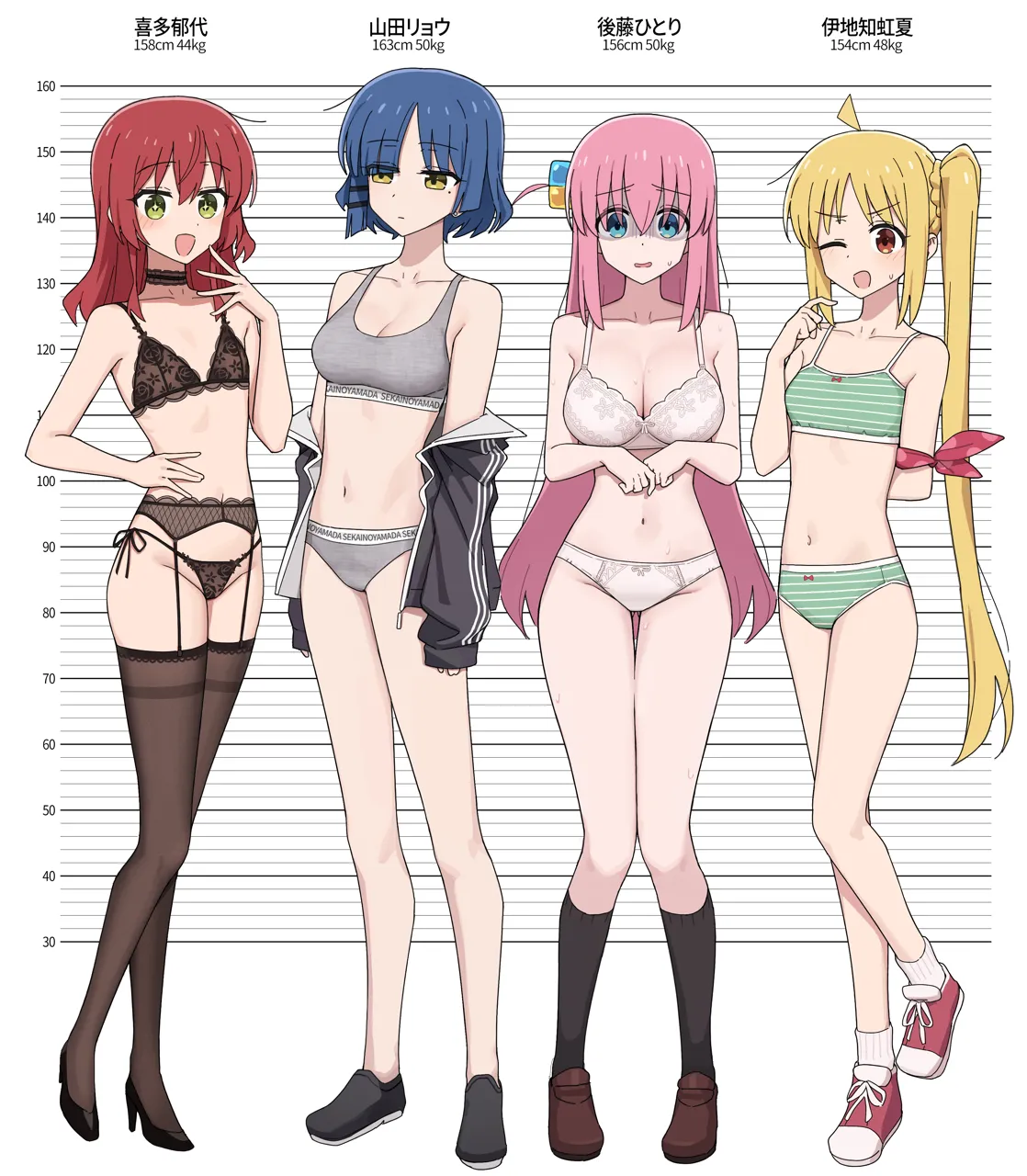 4girls ahoge arm_behind_back armpit_crease black_bra black_footwear black_panties black_thighhighs blonde_hair blue_eyes blue_hair bocchi_the_rock bow bow_bra bow_panties bra breasts brown_footwear channel__caststation choker cleavage clothes_writing collarbone cube_hair_ornament flat_chest full_body garter_belt gloom__expression gotoh_hitori green_bra green_eyes green_panties grey_panties grey_sports_bra hair_between_eyes hair_ornament hand_on_own_hip height height_chart high_heels ijichi_nijika kessoku_band kita_ikuyo knees_together_feet_apart lace lace_bra lace_choker large_breasts lineup lingerie loafers long_hair medium_breasts medium_hair mole mole_under_eye multiple_girls navel one_eye_closed panties petite pigeon_toed pink_hair red_bow red_eyes red_footwear red_hair shaded_face shoes short_hair side_ponytail side_tie_panties small_breasts sneakers socks sparkling_eyes sports_bra standing stomach string_panties striped_bra striped_clothes striped_panties sweatdrop thigh_gap thighhighs thighs underwear underwear_writing very_long_hair weight white_bow yamada_ryo yellow_eyes