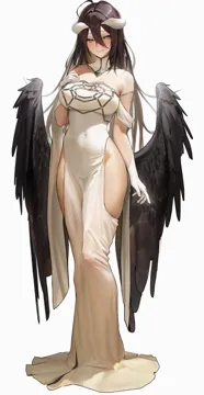 1girl ahoge albedo__overlord bare_shoulders black_feathers black_hair black_wings blush breasts cleavage demon_girl demon_horns demon_wings dfm__darknessdfm dress feathered_wings feathers full_body gloves groin hair_between_eyes horns large_breasts long_hair looking_at_viewer low_horns low_wings off_shoulder off_shoulder_dress overlord__maruyama slit_pupils smile solo white_background white_dress white_gloves wings yellow_eyes