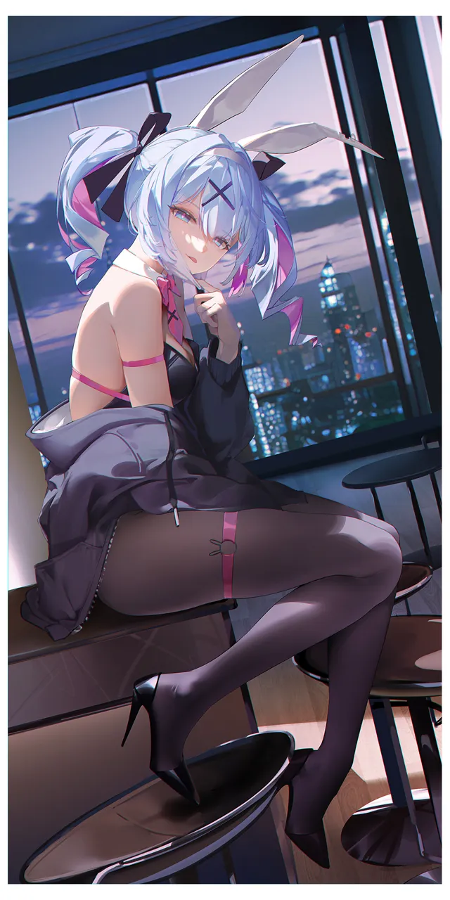 1girl _p animal_ears black_jacket black_leotard blue_eyes blue_hair border breasts colored_inner_hair drill_hair dutch_angle fake_animal_ears from_side full_body hair_ornament hair_ribbon high_heels indoors jacket leotard long_sleeves mask mask_pull medium_breasts mouth_mask multicolored_hair open_clothes open_jacket pantyhose pink_hair playboy_bunny rabbit_ears ribbon sitting solo thighs tongue tongue_out twin_drills white_border x_hair_ornament ribao rabbit_hole__vocaloid vocaloid hatsune_miku