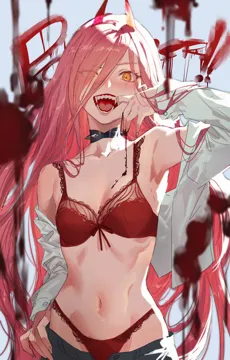 1girl bare_shoulders black_choker blood blush bra breasts chainsaw_man character_name choker cleavage clothes_pull collarbone collared_shirt cross_shaped_pupils demon_horns fangs finger_in_own_mouth fingernails hair_between_eyes hair_over_one_eye hemokinesis horns lace_trim lace_trimmed_bra lace_trimmed_panties lingerie long_fingernails long_hair long_sleeves looking_at_viewer medium_breasts navel open_clothes open_fly open_mouth open_shirt orange_eyes panties pants pants_pull power__chainsaw_man red_bra red_horns red_panties salmon88 sharp_teeth shirt sketch solo spiked_choker spikes symbol_shaped_pupils teeth underwear white_shirt