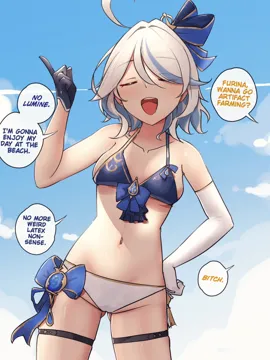 1girl adapted_costume ahoge ass_visible_through_thighs elbow_gloves english_text gloves hair_ribbon multicolored_hair ribbon short_hair smile solo speech_bubble swimsuit thigh_strap two_tone_hair vision__genshin_impact alterkyon genshin_impact furina__genshin_impact
