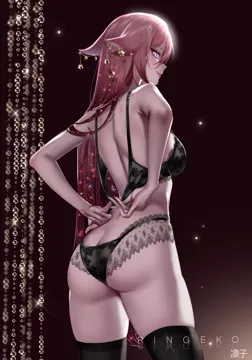 1girl animal_ears ass back black_bra black_panties black_thighhighs bra breasts closed_mouth contrapposto earrings frilled_bra frilled_panties frills from_behind jewelry large_breasts like_and_retweet long_hair looking_at_viewer looking_back panties pink_hair purple_eyes sideways_glance skindentation slit_pupils smile solo sparkle thighhighs twitter_strip_game underwear undressing very_long_hair ringeko_chan genshin_impact yae_miko