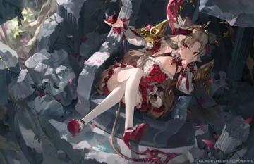 1girl animal_ears bare_shoulders bow breasts broken_pillar brooch brown_hair choker cleavage crossed_legs cup detached_sleeves double_bun dress drinking_glass floating_armor flower frills hair_bun hair_flower hair_ornament head_on_hand horns jewelry looking_at_viewer parted_bangs pillar plant red_bow red_eyes red_flower red_footwear red_rose rose sidelocks sitting sitting_on_throne slit_pupils solo tail thighhighs throne tiara vines virtual_youtuber white_choker white_dress white_thighhighs wine_glass monoco55 miirhaki_project eurus__miirhaki_project