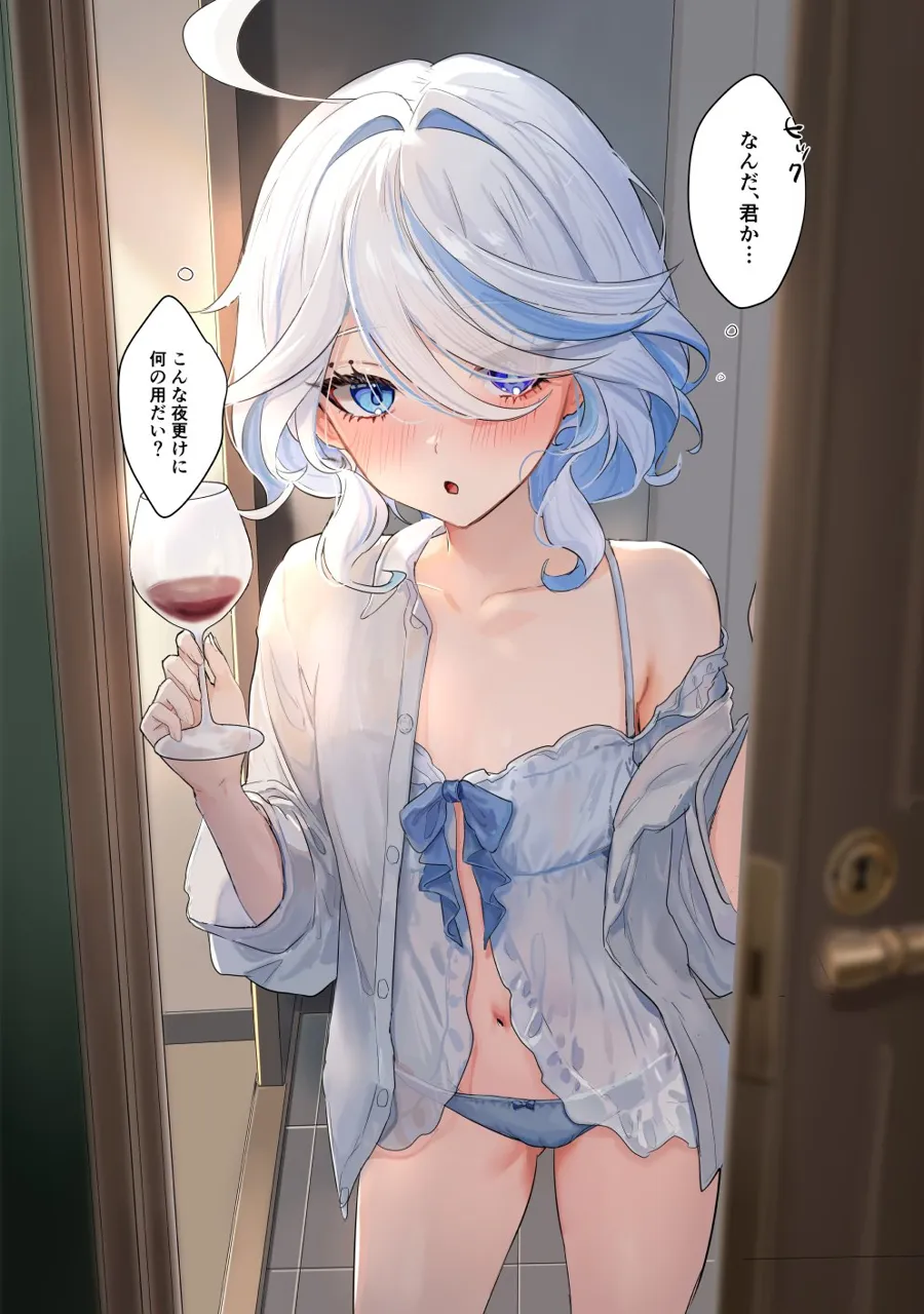 _o 1girl ahoge blue_bow blue_eyes blue_panties blush bow cowboy_shot cup door drunk eyelash_ornament furina__genshin_impact genshin_impact hair_intakes hand_up holding holding_cup hominamia indoors long_sleeves looking_at_viewer navel no_headwear off_shoulder panties parted_lips shirt short_hair single_bare_shoulder solo spaghetti_strap standing thighs underwear white_hair white_shirt