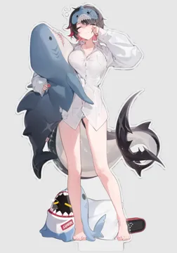 1girl alternate_costume bare_legs barefoot colored_inner_hair feet fins fish_tail full_body grey_background legs multicolored_hair nail_polish naked_shirt scar scar_on_tail shark shark_girl shark_tail shirt simple_background solo squeans stuffed_animal stuffed_shark stuffed_toy tachi_e tail toenail_polish toenails toes twitter_username white_shirt yawning monoco55 zenless_zone_zero ellen_joe__zenless_zone_zero sharkboo__zenless_zone_zero