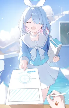 1girl 1other _d anger_vein blue_hair blue_shirt blue_sky braid closed_eyes cloud colored_inner_hair day hair_over_one_eye hairband holding holding_paper long_sleeves multicolored_hair open_mouth outdoors paper pink_hair pov recruitment__blue_archive school_uniform serafuku shirt single_braid skirt sky smile solo_focus two_tone_hair white_hairband white_skirt jiang_zhuti_jiojio blue_archive arona__blue_archive