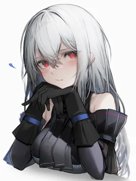 1girl ascot bare_shoulders black_ascot black_gloves black_shirt black_sleeves blush breasts cropped_torso detached_sleeves gloves grey_hair hair_between_eyes hands_up head_rest heart looking_at_viewer medium_breasts parted_lips red_eyes shirt simple_background sleeveless sleeveless_shirt smile solo upper_body white_background tab_head arknights skadi__arknights skadi__elite_ii__arknights