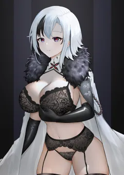 1girl arlecchino__genshin_impact black_bra black_eyes black_garter_belt black_gloves black_hair black_panties black_thighhighs bra breasts closed_mouth coat detached_collar elbow_gloves fatui_coat fur_trim fur_trimmed_coat garter_belt genshin_impact gloves large_breasts multicolored_hair navel panties short_hair solo symbol_shaped_pupils thighhighs two_tone_hair uka__315302627 underwear white_coat white_hair x_shaped_pupils