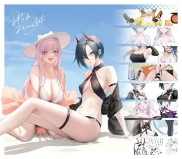 6_girls azur_lane beach bellona__azur_lane bikini black_bikini black_hair breasts cleavage day duca_degli_abruzzi__azur_lane foch__azur_lane giuseppe_garibaldi__azur_lane hat horns kneeling knees_up large_breasts legs legs_apart long_hair looking_at_viewer medium_breasts multiple_girls navel navel_piercing ocean ohisashiburi on_ground outdoors piercing pink_eyes pink_hair plymouth__azur_lane short_hair sitting skindentation slit_pupils smile sun_hat swimsuit thigh_strap thighs ulrich_von_hutten__azur_lane white_bikini yellow_eyes