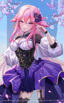 1girl breasts cleavage dress garter_straps hair_ornament long_hair long_sleeves medium_breasts petals pink_hair purple_eyes smile solo thighhighs watermark mihan__mihan_art genshin_impact yae_miko__genshin_impact
