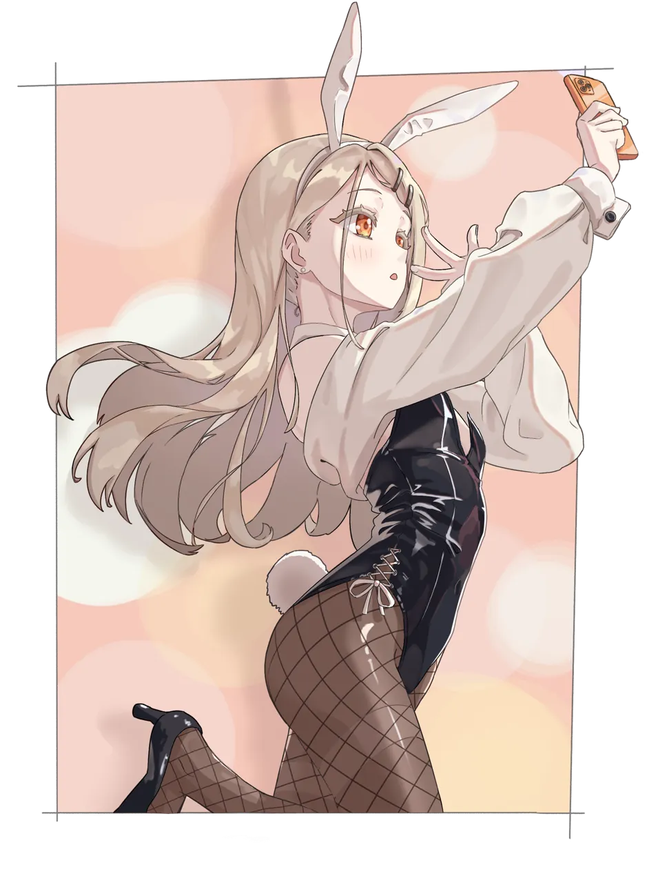 1girl _o animal_ear_hairband animal_ears black_leotard blonde_hair breasts brown_pantyhose cellphone colored_eyelashes earrings fake_animal_ears fake_tail fishnet_pantyhose fishnets hairband hiphighs holding holding_phone jewelry leotard long_hair looking_at_phone orange_eyes pantyhose phone playboy_bunny rabbit_ear_hairband rabbit_ears rabbit_tail small_breasts solo standing standing_on_one_leg straight_hair stud_earrings tail very_long_hair soojoo_h gakuen_idolmaster idolmaster shinosawa_hiro