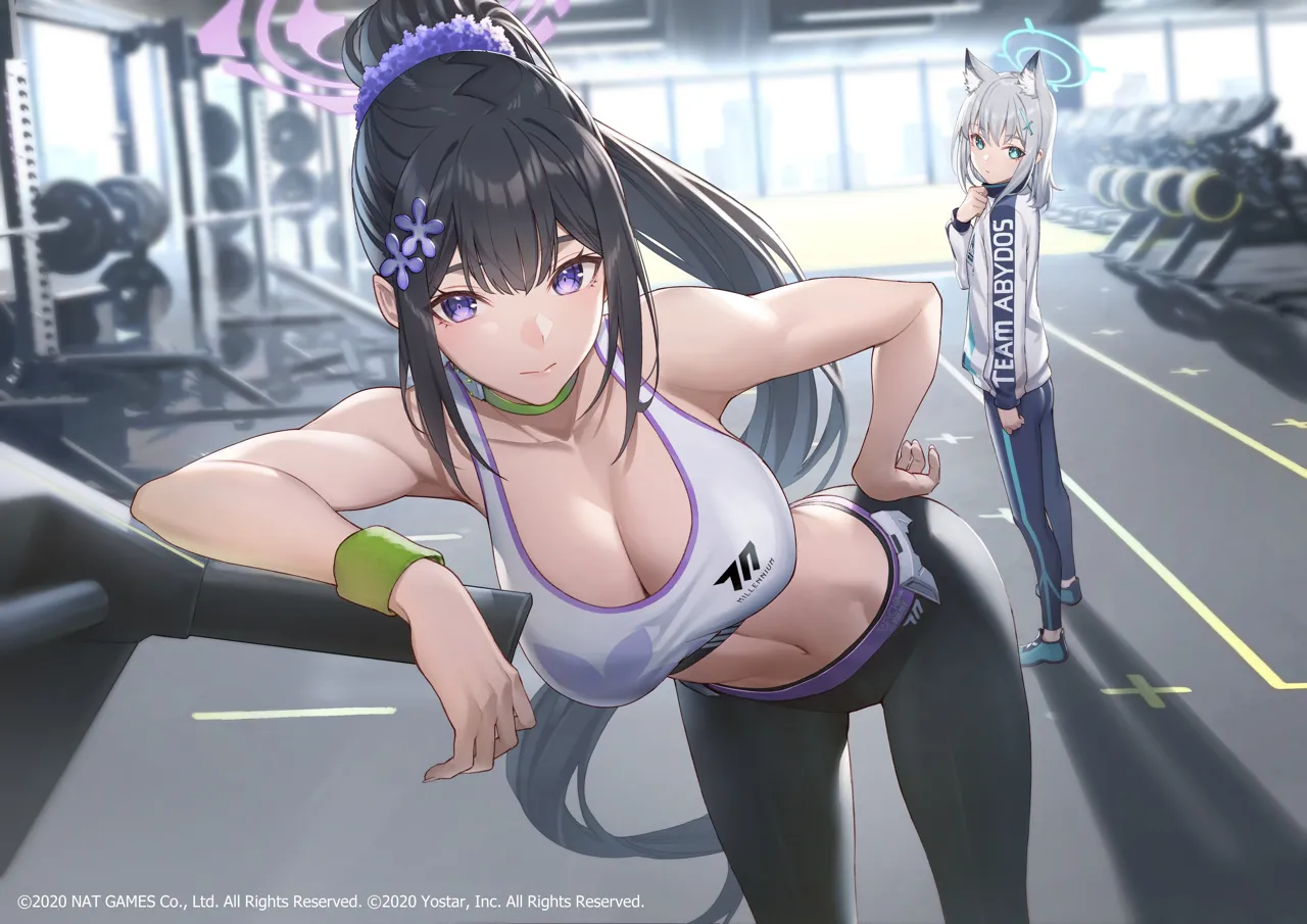 2girls alternate_costume animal_ears armpits bare_arms bare_shoulders bent_over black_hair black_pants blue_archive breasts choker cleavage closed_mouth crop_top extra_ears famepeera full_body green_choker gym hair_ornament hair_scrunchie halo hand_on_own_hip indoors jacket large_breasts long_hair looking_at_viewer midriff multiple_girls navel pants ponytail purple_eyes scrunchie shiroko__blue_archive sleeveless sports_bra stomach sumire__blue_archive sweatband tight_clothes tight_pants track_jacket very_long_hair watermark white_sports_bra wolf_ears yoga_pants