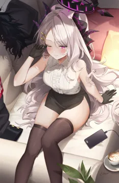 1girl aged_up ahoge arm_support bare_arms bare_shoulders black_gloves black_skirt blue_archive breasts brown_thighhighs cellphone center_frills closed_mouth coat collared_shirt couch feet_out_of_frame frilled_shirt frills gloves hair_ornament hair_spread_out hairclip halo hand_up hina__blue_archive horns long_hair looking_at_viewer medium_breasts miniskirt naru_0 on_couch one_eye_closed parted_bangs pear_shaped_figure pencil_skirt phone pillow pink_eyes shirt shirt_tucked_in side_slit sitting skirt sleepy sleeveless sleeveless_shirt smartphone solo tearing_up thick_thighs thighhighs thighs unworn_coat very_long_hair waking_up white_hair white_shirt