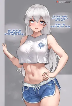 1girl alternate_costume bare_shoulders blue_eyes blue_shorts bluefield breasts crop_top drawstring english_text hair_down hand_on_own_hip hand_up long_hair looking_at_viewer medium_breasts midriff navel open_mouth patreon_username rwby scar scar_across_eye scar_on_face shirt short_shorts shorts sleeveless sleeveless_shirt snowflake_print solo steaming_body stomach twitter_username weiss_schnee white_hair white_shirt