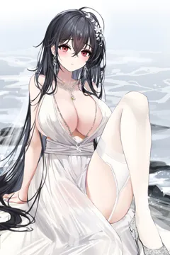 1girl ahoge azur_lane bare_arms black_hair blush breasts cleavage closed_mouth dress earrings garter_straps hair_between_eyes hair_ornament high_heels jewelry knee_up large_breasts lillly long_hair necklace official_alternate_costume plunging_neckline red_eyes see_through_clothes see_through_dress sitting solo taihou__azur_lane taihou__temptation_on_the_sea_breeze__azur_lane thighhighs very_long_hair water wedding_dress white_dress white_thighhighs