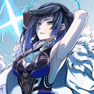 1girl armpits arms_up black_hair blue_hair blunt_bangs breasts cleavage_cutout clothing_cutout green_eyes grin large_breasts multicolored_hair parted_lips short_hair sleeveless smile solo upper_body taiju__gr09kuma genshin_impact yelan__genshin_impact