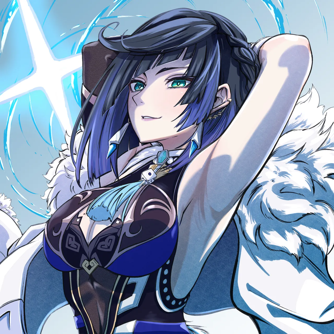 1girl armpits arms_up black_hair blue_hair blunt_bangs breasts cleavage_cutout clothing_cutout green_eyes grin large_breasts multicolored_hair parted_lips short_hair sleeveless smile solo upper_body taiju__gr09kuma genshin_impact yelan__genshin_impact