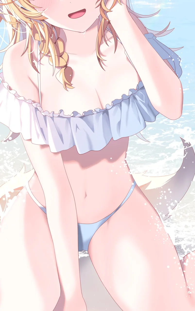 1girl alternate_costume beach bikini blonde_hair blush braid breasts cleavage cutting_out_below_the_eyes_is_hot__meme day dot_nose eyes_out_of_frame facing_viewer fox_girl fox_tail frilled_bikini frills hand_up head_out_of_frame hololive kio_is_here long_hair medium_breasts meme navel ocean off_shoulder off_shoulder_bikini omaru_polka open_mouth outdoors sand side_braid single_braid sitting smile solo stomach swimsuit tail thick_thighs thighs virtual_youtuber wariza water wet white_bikini