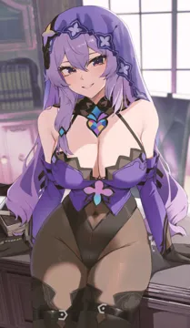 1girl bare_shoulders black_gloves black_swan__honkai__star_rail boots breasts cleavage covered_navel covered_nipples cowboy_shot elbow_gloves gloves grin hair_between_eyes honkai__series honkai__star_rail indoors large_breasts long_hair looking_at_viewer nvl pantyhose purple_eyes purple_hair sleeveless smile solo standing thigh_boots veil very_long_hair window