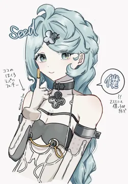 1girl aqua_eyes aqua_hair bare_shoulders breasts character_name cleavage gloves grey_background hair_ornament hairclip hand_on_own_face long_hair simple_background smile solo upper_body white_gloves h0shimiya_towa zenless_zone_zero seed__zenless_zone_zero