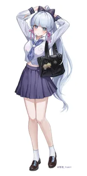 1girl arms_up bag between_breasts black_bag blue_eyes blue_neckerchief breasts brown_shoes full_body hair_ribbon holding holding_own_hair loafers long_hair long_sleeves medium_breasts midriff midriff_peek mole mole_under_eye neckerchief official_alternate_costume pleated_skirt ponytail ribbon sailor_collar school_bag school_uniform shoes shoulder_bag simple_background skirt solo white_background white_hair white_sailor_collar yukiri__l_ii genshin_impact aether__genshin_impact kamisato_ayaka__genshin_impact kamisato_ayaka__heytea lumine__genshin_impact