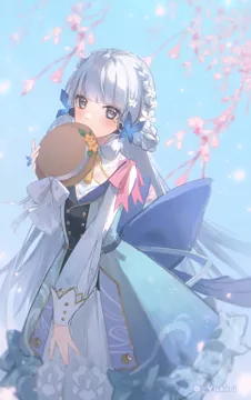 1girl back_bow blue_bow blue_dress blue_eyes blue_sky blunt_tresses blurry blush bow braid braided_hair_rings breasts butterfly_hair_ornament buttons cherry_blossoms covered_mouth depth_of_field dress flower gold_trim hair_flower hair_ornament hair_rings hand_up hat hat_flower hat_ornament holding holding_unworn_clothes holding_unworn_hat leaf_hat_ornament long_hair long_sleeves mole mole_under_eye multicolored_dress neck_tassel official_alternate_costume official_alternate_hairstyle outdoors puffy_long_sleeves puffy_sleeves sky small_breasts solo twitter_username unworn_hat unworn_headwear white_flower white_hair yellow_flower yukiri__l_ii genshin_impact kamisato_ayaka__genshin_impact kamisato_ayaka__springbloom_missive__genshin_impact