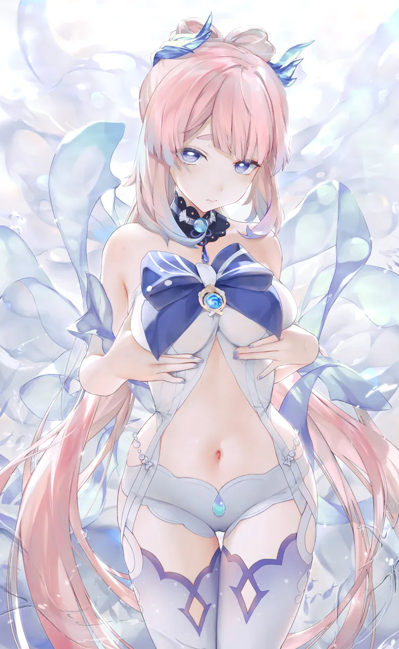 1girl bare_shoulders blue_eyes blue_hair blunt_bangs blush bow_shaped_hair breasts brooch cameltoe colored_tips detached_collar dress genshin_impact gradient_hair haku89 jewelry long_hair looking_at_viewer medium_breasts multicolored_hair nail_polish navel off_shoulder off_shoulder_dress pink_hair purple_eyes sangonomiya_kokomi shorts solo thigh_gap thighhighs thighs very_long_hair vision__genshin_impact water white_shorts