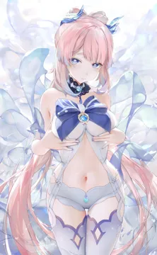1girl bare_shoulders blue_eyes blue_hair blunt_bangs blush bow_shaped_hair breasts brooch cameltoe colored_tips detached_collar dress genshin_impact gradient_hair haku89 jewelry long_hair looking_at_viewer medium_breasts multicolored_hair nail_polish navel off_shoulder off_shoulder_dress pink_hair purple_eyes sangonomiya_kokomi shorts solo thigh_gap thighhighs thighs very_long_hair vision__genshin_impact water white_shorts