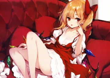 1girl blonde_hair bow closed_mouth collarbone couch crystal dress feet_out_of_frame hair_between_eyes hair_bow hand_up index_finger_raised indoors looking_at_viewer multicolored_wings one_side_up pillow pointy_ears puffy_short_sleeves puffy_sleeves red_bow red_dress red_eyes red_ribbon ribbon shadow short_hair short_sleeves sitting smile solo tongue tongue_out two_tone_dress white_bow white_dress wings ke_ta touhou flandre_scarlet__touhou