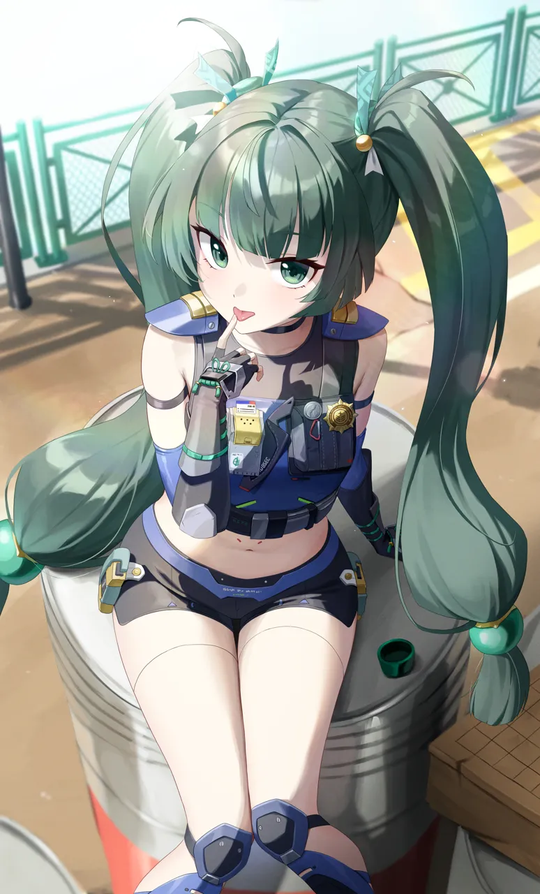 1girl arm_strap bare_shoulders black_choker black_gloves black_shorts choker crop_top drum__container feet_out_of_frame fingerless_gloves gloves green_eyes green_hair knee_pads long_hair looking_at_viewer midriff navel shirt short_shorts shorts sitting sleeveless sleeveless_shirt solo stomach thighs tongue tongue_out twintails very_long_hair nasol zenless_zone_zero qingyi__zenless_zone_zero