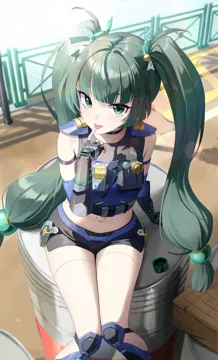 1girl arm_strap bare_shoulders black_choker black_gloves black_shorts choker crop_top drum__container feet_out_of_frame fingerless_gloves gloves green_eyes green_hair knee_pads long_hair looking_at_viewer midriff navel shirt short_shorts shorts sitting sleeveless sleeveless_shirt solo stomach thighs tongue tongue_out twintails very_long_hair nasol zenless_zone_zero qingyi__zenless_zone_zero
