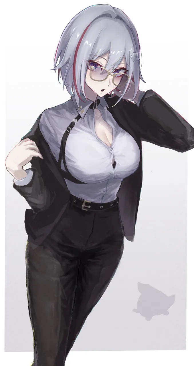 1girl belt black_belt black_jacket black_pants blue_eyes breasts cleavage glasses gradient_background grey_background grey_hair hair_intakes jacket long_sleeves looking_at_viewer multicolored_hair pants parted_lips red_hair shirt silhouette standing streaked_hair thighs white_shirt sanshoku_dango__shukosuko honkai__star_rail honkai__series numby__honkai__star_rail topaz__honkai__star_rail trotter__honkai__star_rail