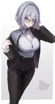 1girl belt black_belt black_jacket black_pants blue_eyes breasts cleavage glasses gradient_background grey_background grey_hair hair_intakes jacket long_sleeves looking_at_viewer multicolored_hair pants parted_lips red_hair shirt silhouette standing streaked_hair thighs white_shirt sanshoku_dango__shukosuko honkai__star_rail honkai__series numby__honkai__star_rail topaz__honkai__star_rail trotter__honkai__star_rail