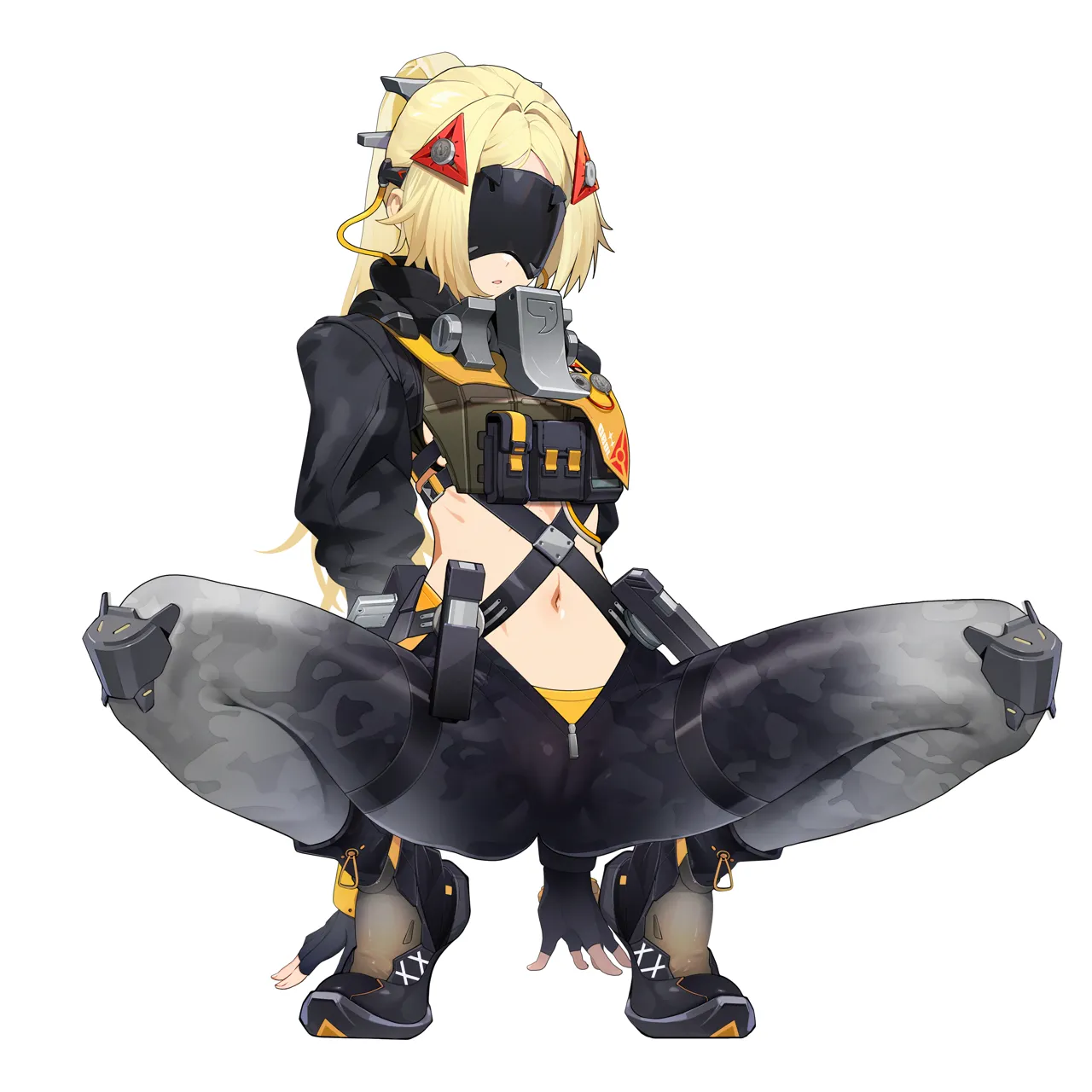 1girl black_gloves black_pants blindfold blonde_hair boots fingerless_gloves gloves hair_ornament long_hair midair navel pants parted_bangs ponytail solo zipper_pull_tab kirit zenless_zone_zero trigger__zenless_zone_zero