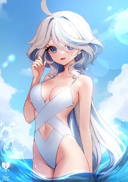 1girl alternate_breast_size ankkoyom bare_shoulders blue_eyes blue_hair breasts casual_one_piece_swimsuit cleavage collarbone colored_inner_hair cowboy_shot cowlick dutch_angle eyelash_ornament furina__genshin_impact genshin_impact hair_between_eyes light_blue_hair long_hair looking_at_viewer medium_breasts mismatched_pupils multicolored_hair navel ocean one_piece_swimsuit open_mouth smile solo swept_bangs swimsuit very_long_hair wading white_hair