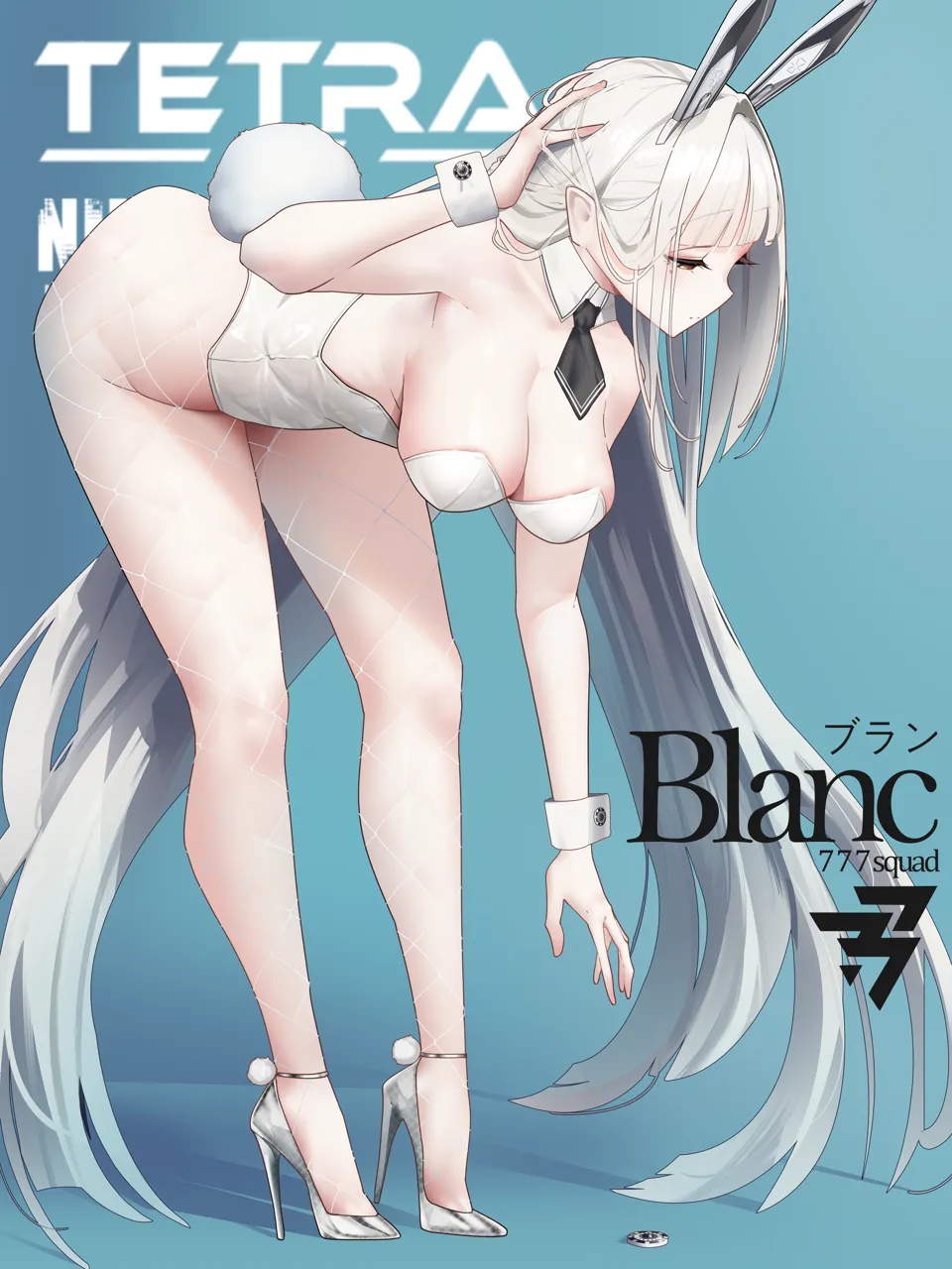 1girl animal_ears bent_over black_necktie blanc__nikke blunt_bangs breasts coin detached_collar fake_animal_ears fake_tail fishnet_pantyhose fishnets gloomyowl goddess_of_victory__nikke high_heels large_breasts leotard long_hair necktie pantyhose playboy_bunny rabbit_ears solo tail very_long_hair white_hair white_leotard wrist_cuffs yellow_eyes