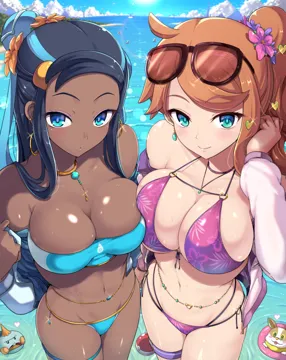 2girls asymmetrical_docking bikini black_hair blue_eyes breast_press breasts closed_mouth contrast dark_skin dark_skinned_female earrings eyewear_on_head flower green_eyes hair_flower hair_ornament heart heart_hair_ornament high_side_ponytail hoop_earrings jewelry kasai_shin large_breasts multiple_girls navel nessa__pokemon orange_hair pendant poke_ball poke_ball__basic pokemon pokemon_swsh purple_bikini skindentation smile sonia__pokemon stomach swimsuit thigh_strap white_bikini