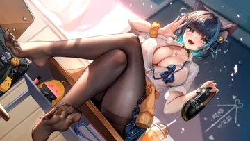 1girl alternate_costume azur_lane bell black_bag black_pantyhose black_shoes blue_bow blue_bowtie blue_eyes blue_hair blush bow bowtie breasts cheshire__azur_lane choker cleavage collared_shirt crossed_legs desk feet full_body hands_up heart heart_shaped_pupils holding holding_shoes jewelry manjuu__azur_lane meion multicolored_hair necklace no_shoes open_mouth orange_scrunchie pantyhose scrunchie shirt shoes short_hair short_sleeves sitting smile soles solo streaked_hair symbol_shaped_pupils thighs toes unworn_shoes white_shirt wrist_scrunchie