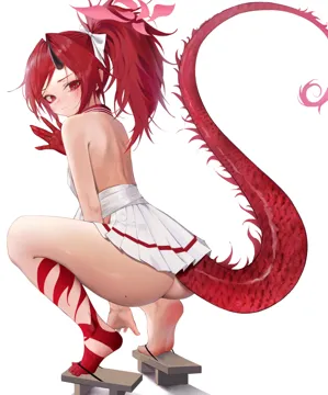 1girl ass back black_horns blush breasts closed_mouth dragon_horns dragon_tail feet from_behind full_body geta halo high_ponytail horns long_hair looking_at_viewer looking_back mole mole_on_ass pleated_skirt ponytail red_eyes red_hair red_halo red_tail simple_background single_horn skirt small_breasts soles solo squatting tail tiptoes toes white_background white_skirt sihana156 blue_archive renge__blue_archive