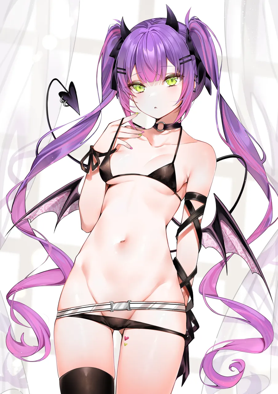 1girl ass_visible_through_thighs bare_shoulders bikini black_bikini black_choker black_ribbon black_thighhighs blush breasts choker collarbone colored_inner_hair demon_girl demon_horns demon_tail ear_piercing green_eyes groin hair_ornament hair_ribbon hairclip hololive horns long_hair looking_at_viewer medium_breasts multicolored_hair navel o_ring o_ring_choker piercing pink_hair pointy_ears purple_hair purple_nails ribbon single_thighhigh skindentation solo stomach streaked_hair swimsuit tail tail_ornament tail_piercing thighhighs tokoyami_towa twintails virtual_youtuber wrist_ribbon yellow_nails yukineko1018