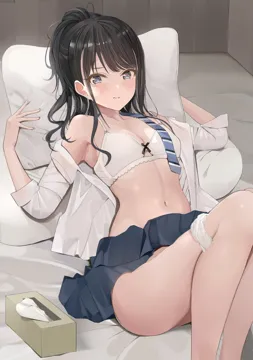 1girl bare_shoulders black_hair blue_skirt blush bra breasts closed_mouth collarbone collared_shirt dress_shirt grey_eyes idolmaster idolmaster_shiny_colors kazano_hiori knees_up long_hair long_sleeves looking_at_viewer lying mole mole_under_mouth navel necktie on_back open_clothes open_shirt panties panty_pull pillow pjkka ponytail shirt skirt small_breasts solo swept_bangs tissue_box underwear wavy_mouth white_bra white_panties white_shirt
