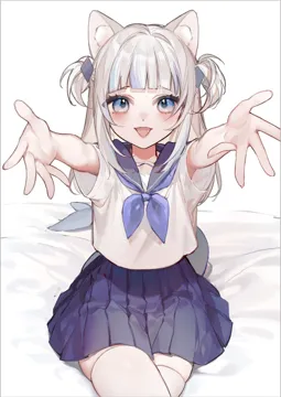 1girl animal_ears blue_eyes blue_hair blue_skirt blunt_bangs blush cat_ears eyes_visible_through_hair fins fish_tail grey_hair hair_ornament medium_hair multicolored_hair open_mouth pleated_skirt sailor_collar sailor_shirt school_uniform serafuku shark_girl shark_hair_ornament shark_tail sharp_teeth shirt short_sleeves skirt solo streaked_hair tail teeth thighhighs tongue tongue_out two_side_up virtual_youtuber white_shirt white_thighhighs smilesmile1312 hololive gawr_gura__hololive