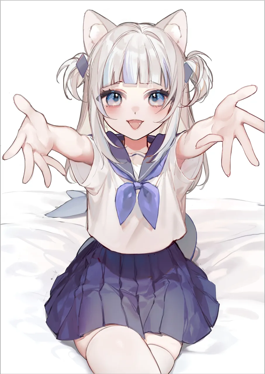 1girl animal_ears blue_eyes blue_hair blue_skirt blunt_bangs blush cat_ears eyes_visible_through_hair fins fish_tail grey_hair hair_ornament medium_hair multicolored_hair open_mouth pleated_skirt sailor_collar sailor_shirt school_uniform serafuku shark_girl shark_hair_ornament shark_tail sharp_teeth shirt short_sleeves skirt solo streaked_hair tail teeth thighhighs tongue tongue_out two_side_up virtual_youtuber white_shirt white_thighhighs smilesmile1312 hololive gawr_gura__hololive