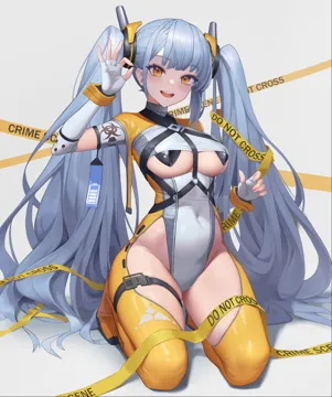 1girl arm_up battery_indicator between_breasts biohazard_symbol black_pasties bodysuit boots breasts caution_tape chest_harness clothing_cutout covered_navel covered_nipples elbow_gloves fingerless_gloves gloves grey_background grey_hair groin hair_ornament hand_up harness kneeling long_hair looking_at_viewer medium_breasts o_ring ok_sign open_mouth pasties short_sleeves sidelocks simple_background smile solo strap_between_breasts teeth thigh_cutout thigh_strap thighs twintails two_tone_bodysuit underboob underboob_cutout upper_teeth_only very_long_hair wavy_hair white_gloves wrist_cuffs yellow_bodysuit yellow_boots yellow_eyes xzu